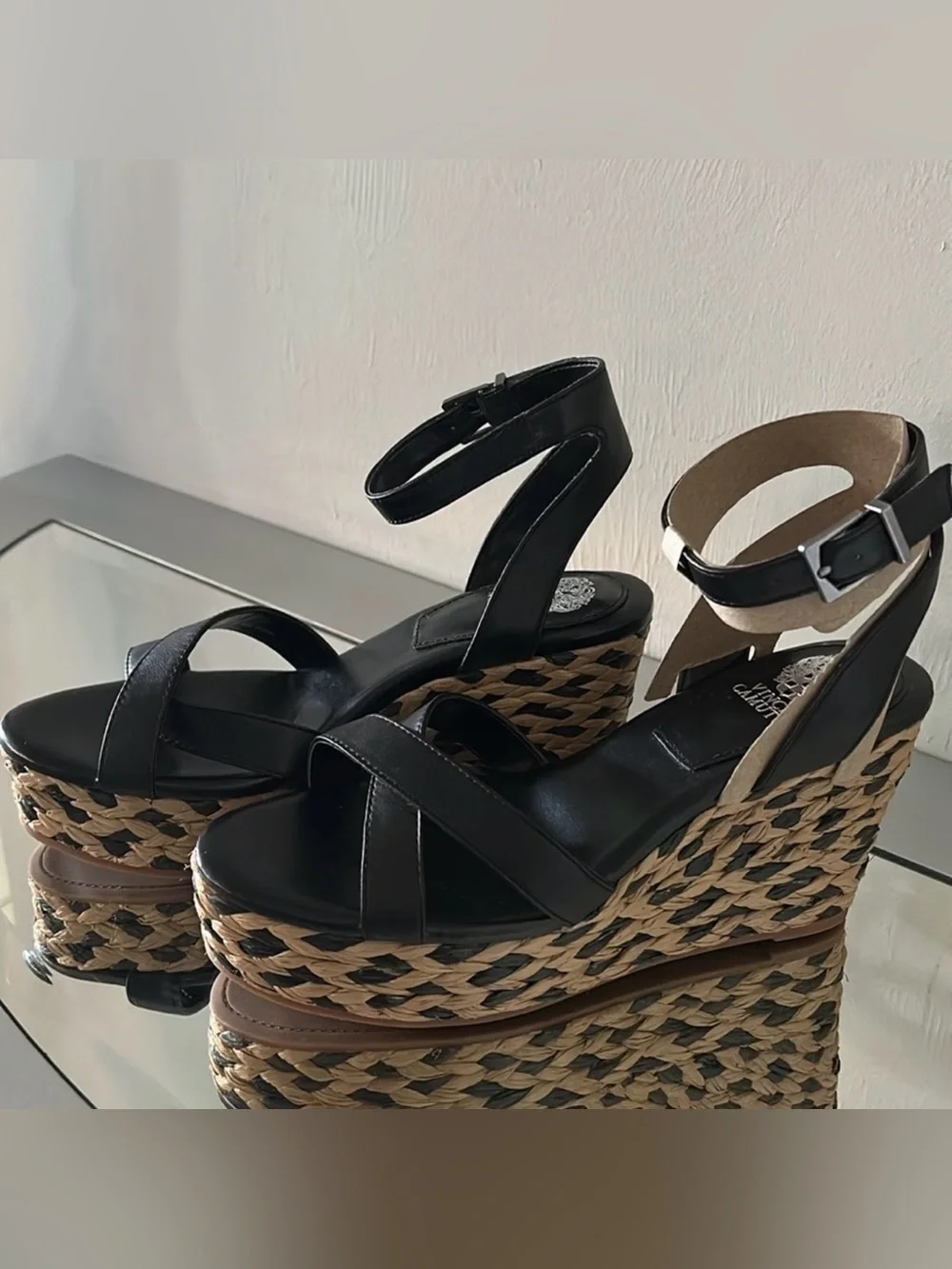 🆕 VINCE CAMUTO Fettana Black Espadrille Platform Wedge Sandals Women’s 9.5 NWT